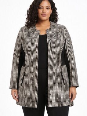 Kasper Black/Ivory Chevron Pattern Long Blazer Jacket Topper size 14 Career EUC